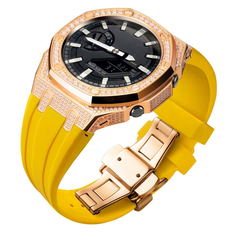 custom diamond craw inlay set oak g shock ga2100/ga2110 mod kit watches 5A zicron CZ rosegold case yellow silicone strap band