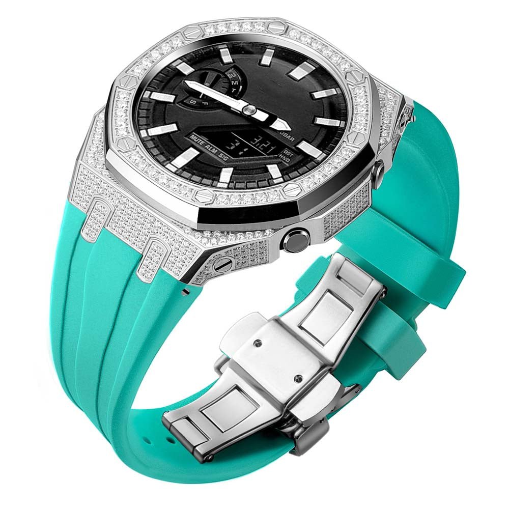 custom diamond craw set oak g shock ga2100/ga2110 mod kit watches 5A zicron CZ silver case tiffany blue silicone strap band