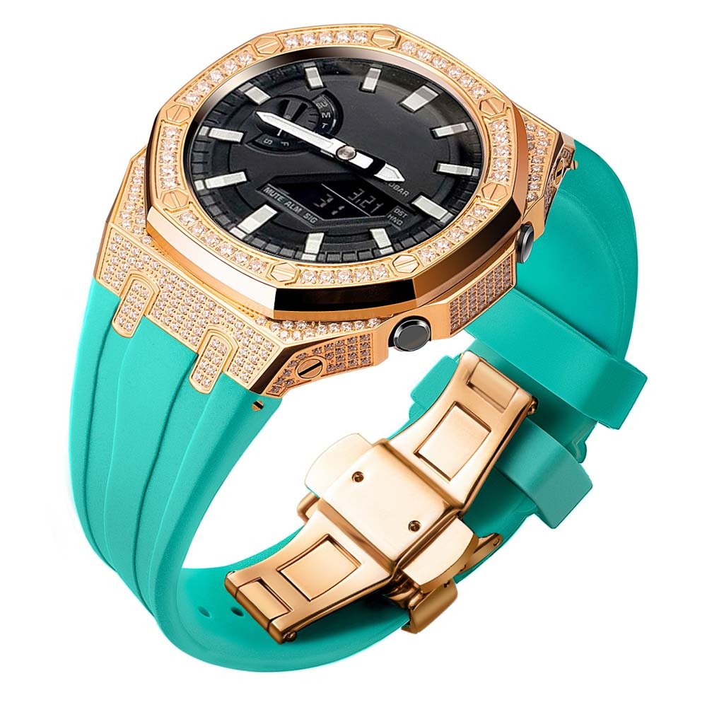 custom diamond craw set oak g shock ga2100/ga2110 mod kit watches 5A zicron CZ rosegold case tiffany blue silicone strap band