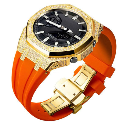 custom diamond craw inlay set oak g shock ga2100/ga2110 mod kit watches 5A zicron CZ gold case orange silicone strap band