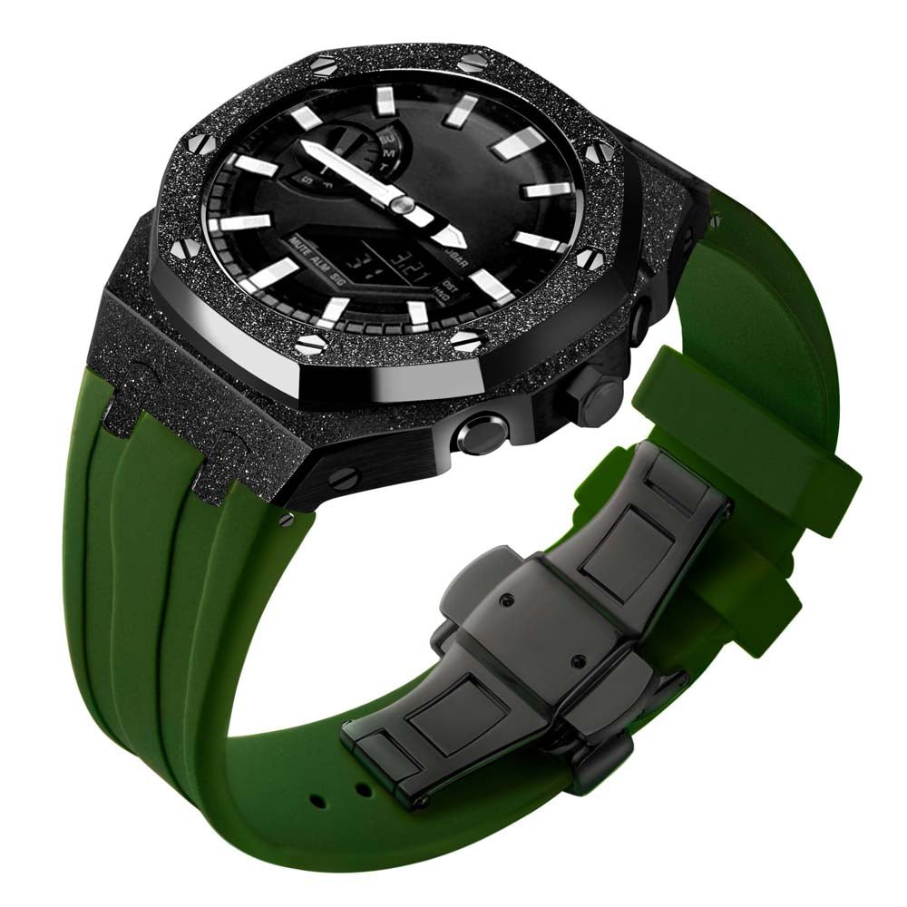 custom oak g shock frosted ga2100/ga2110/gab2100 modify mod kit metal steel watches black case green silicone strap band