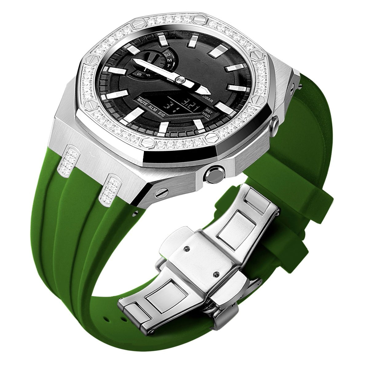 custom diamond craw inlay set oak g shock ga2100/ga2110 mod kit watches 5A zicron CZ silver case green silicone strap band