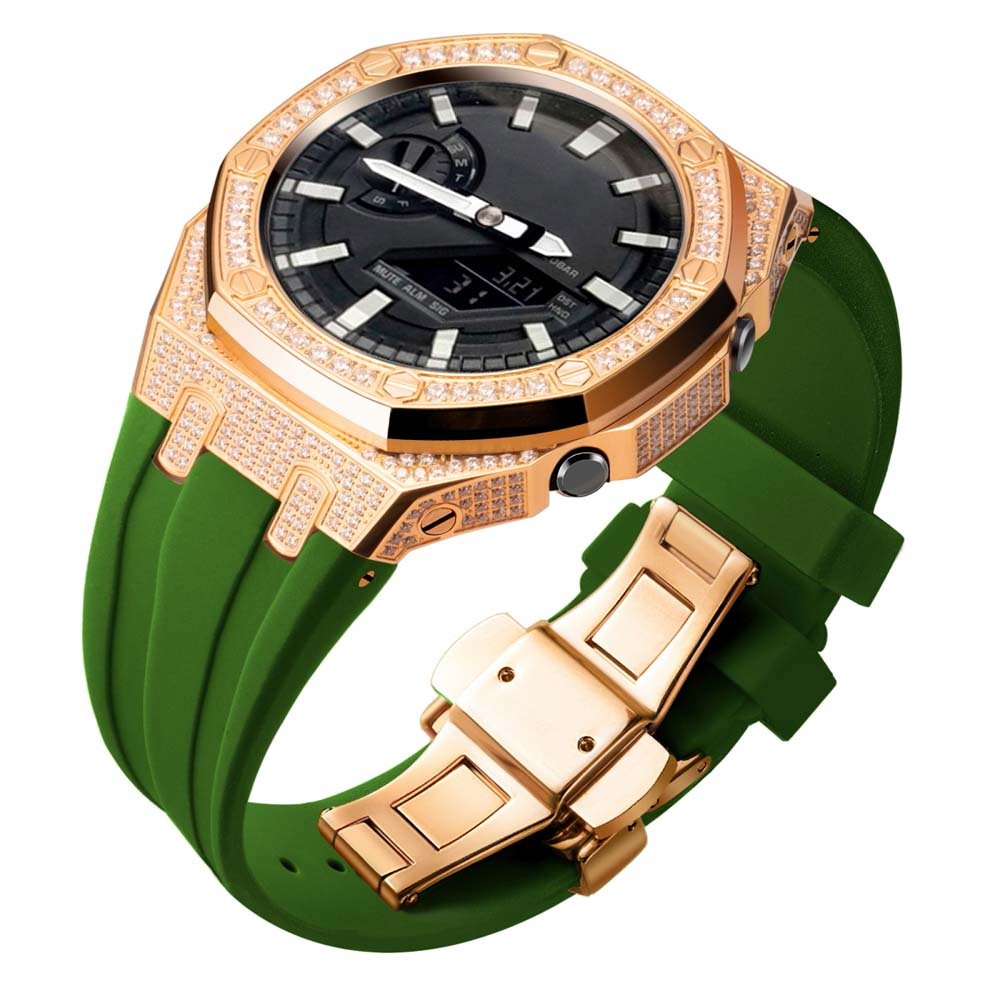 custom diamond craw inlay set oak g shock ga2100/ga2110 mod kit watches 5A zicron CZ rosegold case green silicone strap band