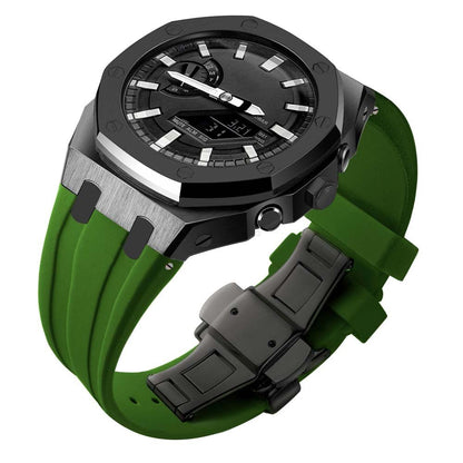 custom oak g shock ga2100/ga2110/gab2100 modify mod kit metal steel 316L watches black case green silicone strap rubber band