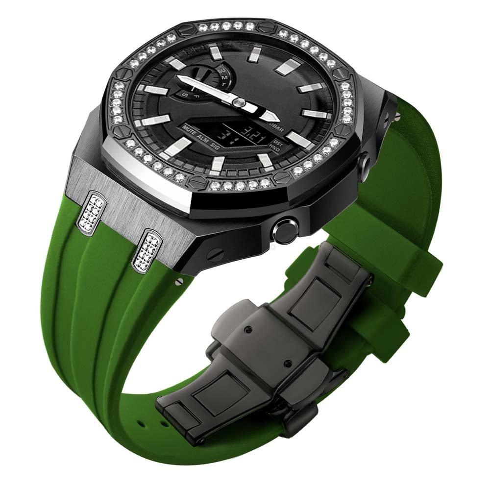 custom diamond craw inlay set oak g shock ga2100/ga2110 mod kit watches 5A zicron CZ black case green silicone strap band