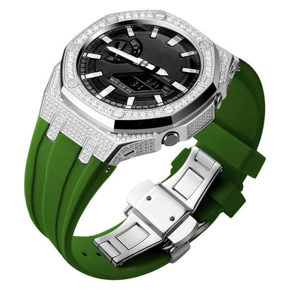 custom diamond craw inlay set oak g shock ga2100/ga2110 mod kit watches 5A zicron CZ silver case green silicone strap band