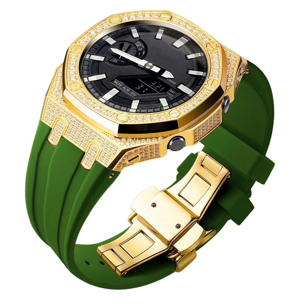 custom diamond craw inlay set oak g shock ga2100/ga2110 mod kit watches 5A zicron CZ gold case green silicone strap band