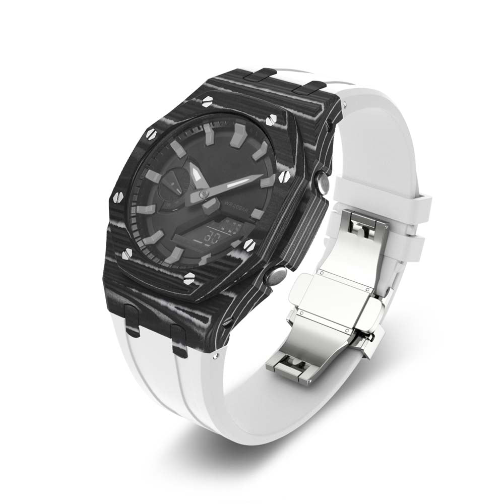 carbon fiber modify ga2100 ga2110 gab2100 oak g shock watch mod kit watches black and white case white silicone strap band