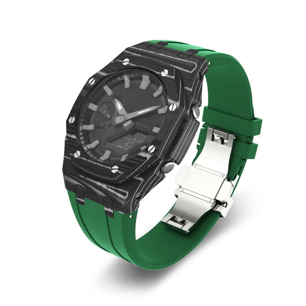 carbon fiber modify ga2100 ga2110 gab2100 oak g shock watch mod kit watches black and white case green silicone strap band