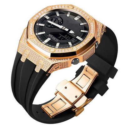 custom diamond craw inlay set oak g shock ga2100/ga2110 mod kit watches 5A zicron CZ rosegold case black silicone strap band