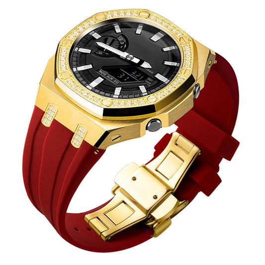 custom diamond craw inlay set oak g shock ga2100/ga2110 mod kit watches 5A zicron CZ gold case red silicone strap band