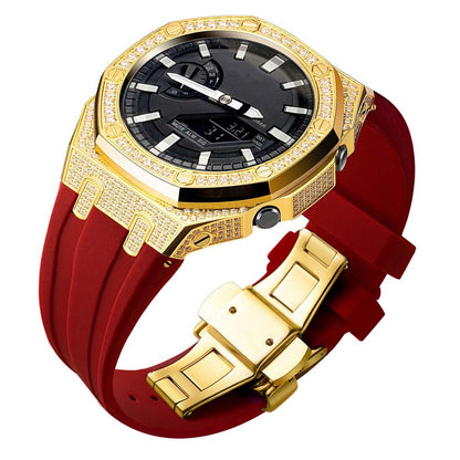 custom diamond craw inlay set oak g shock ga2100/ga2110 mod kit watches 5A zicron CZ gold case red silicone strap band