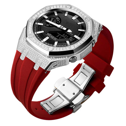 custom diamond craw inlay set oak g shock ga2100/ga2110 mod kit watches 5A zicron CZ silver case red silicone strap band