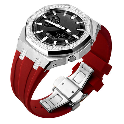 custom diamond craw inlay set oak g shock ga2100/ga2110 mod kit watches 5A zicron CZ silver case red silicone strap band