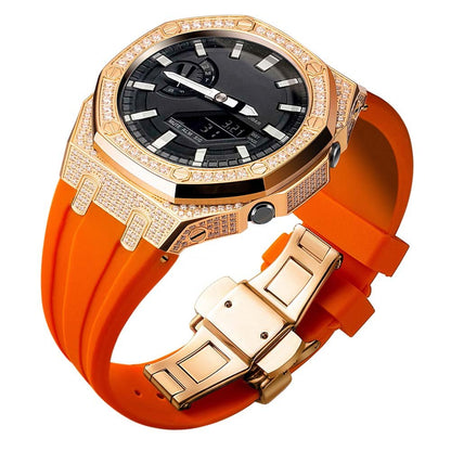 custom diamond craw inlay set oak g shock ga2100/ga2110 mod kit watches 5A zicron CZ rosegold case orange silicone strap band