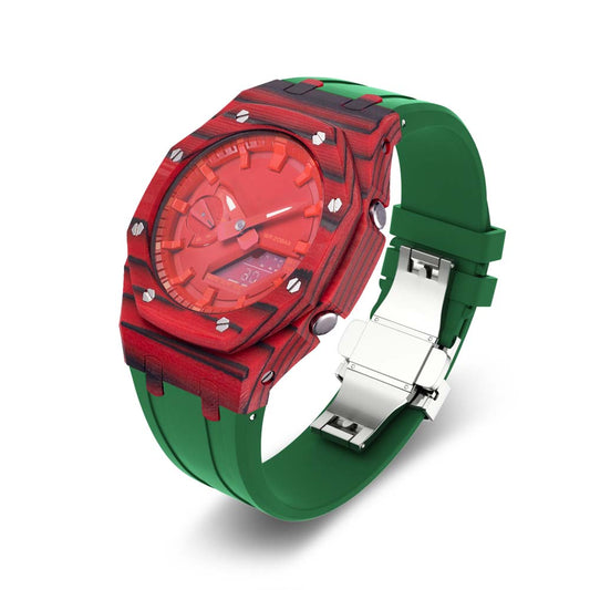 custom carbon fiber modify ga2100 ga2110 gab2100 oak g shock watch mod kit watches red case green silicone strap band